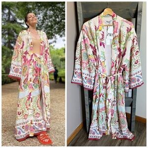 NEW Zara Floral Boho Bohemian Printed Kimono With Belt Open Front